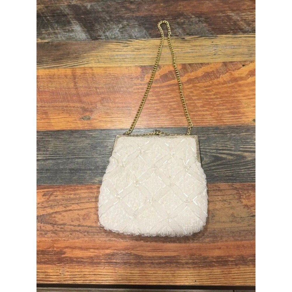 Vintage La Regale LTD Ivory Beaded Evening Bag Gold Chain Bridal Purse Clutch